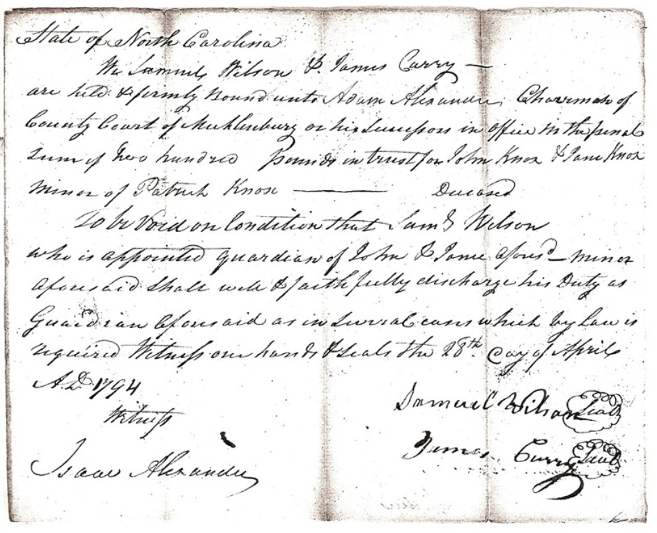 1794 guardian bond naming Samuel Wilson guardian of John and Jane Knox