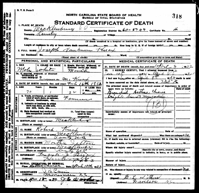 Joseph Van Buren Knox death certificate