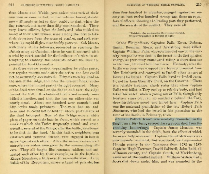 Historical account of Patrick Knox's death in battle