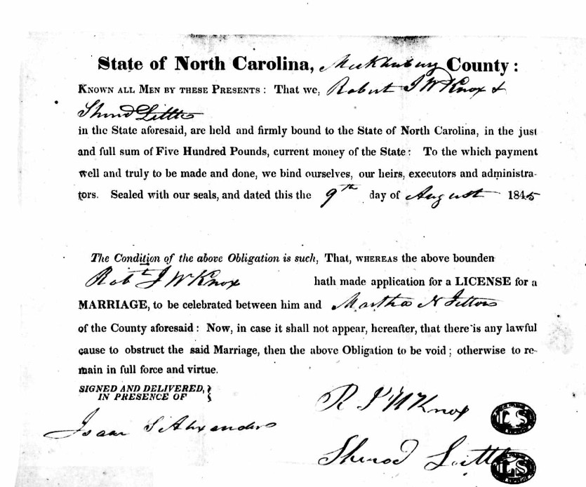 Robert Jay Wilson Knox and Martha Nantz Jetton marriage license