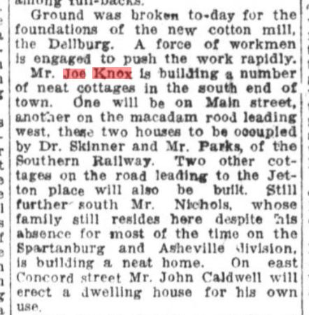 Charlotte Daily Observer 1907, Joe Knox building cottages for Delburg workers