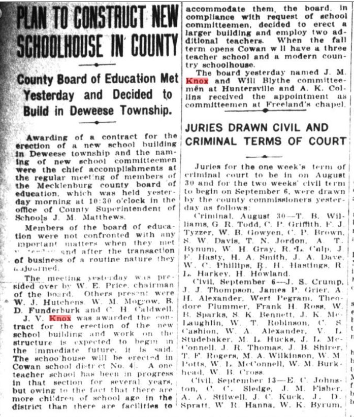 Charlotte Observer 1920, JV Knox awarded school contract at Cowan's Ford
