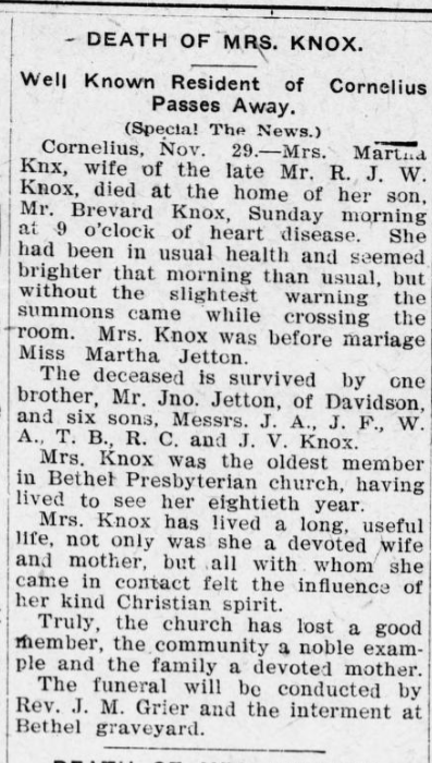Death of Mrs. Knox obituary
