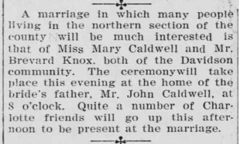 Newspaper announcement of the marriage of Miss Mary Caldwell and Mr. Brevard Knox
