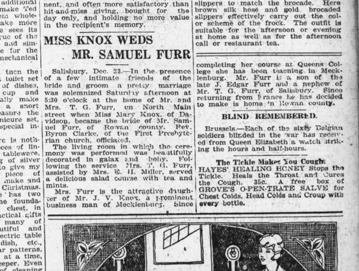Miss Knox Weds Mr. Samuel Furr newspaper announcement