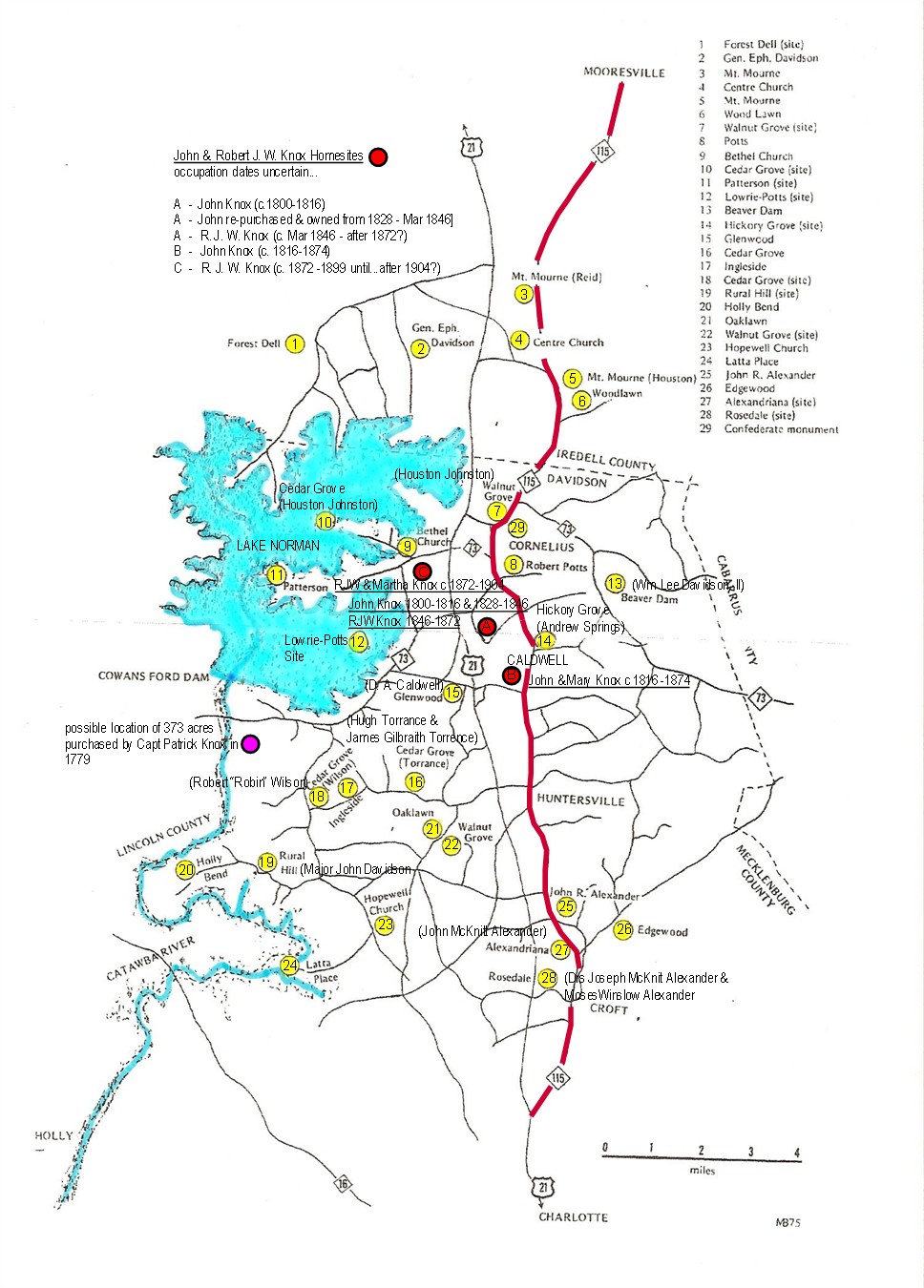 Map of Knox family home sites from Captain Patrick Knox to RJW Knox